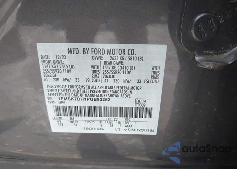 2023 Ford Explorer Xlt из США, поврежденный, VIN 1FMSK7DH1PGB93252